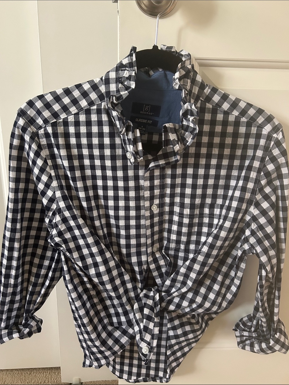 George Men's Navy & White Gingham Button-Down Shirt recreated for a woman.